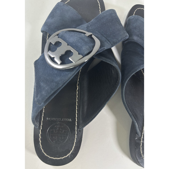 Tory Burch Grant Suede Sandal Open Toe Criss Cross Slides Midnight Blue 7.5 M - Picture 14 of 16